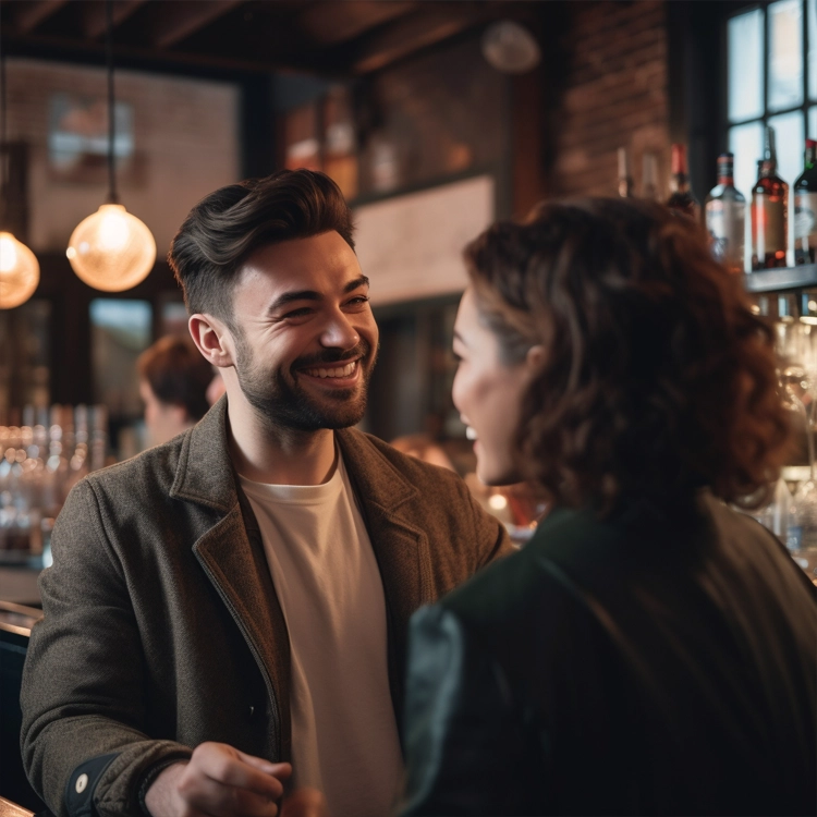 Man talking with woman at a bar.