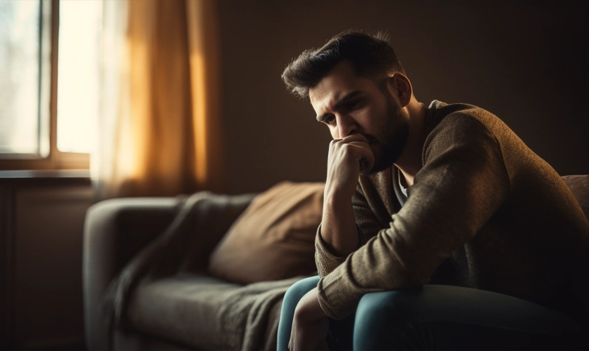 A man dealing with low testosterone sitting on a couch.