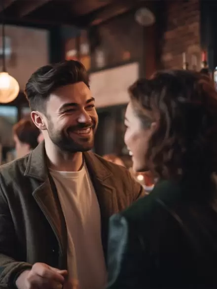 Man talking with woman at a bar.